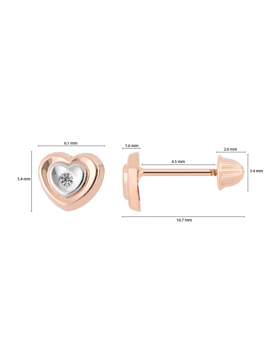 Broqueles de corazón de oro rosa 14 K con acabado brillante diamante 3