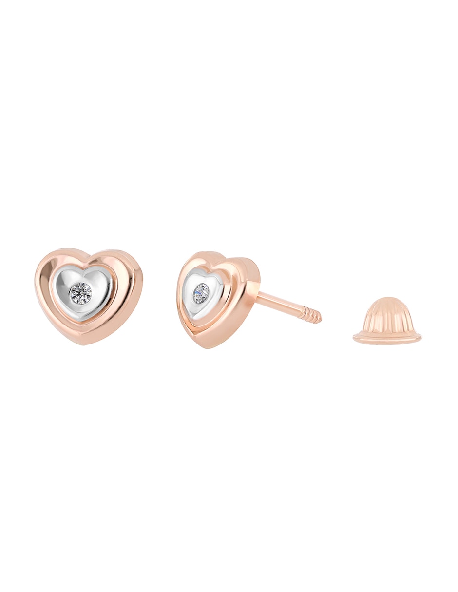 Broqueles de corazón de oro rosa 14 K con acabado brillante diamante 1