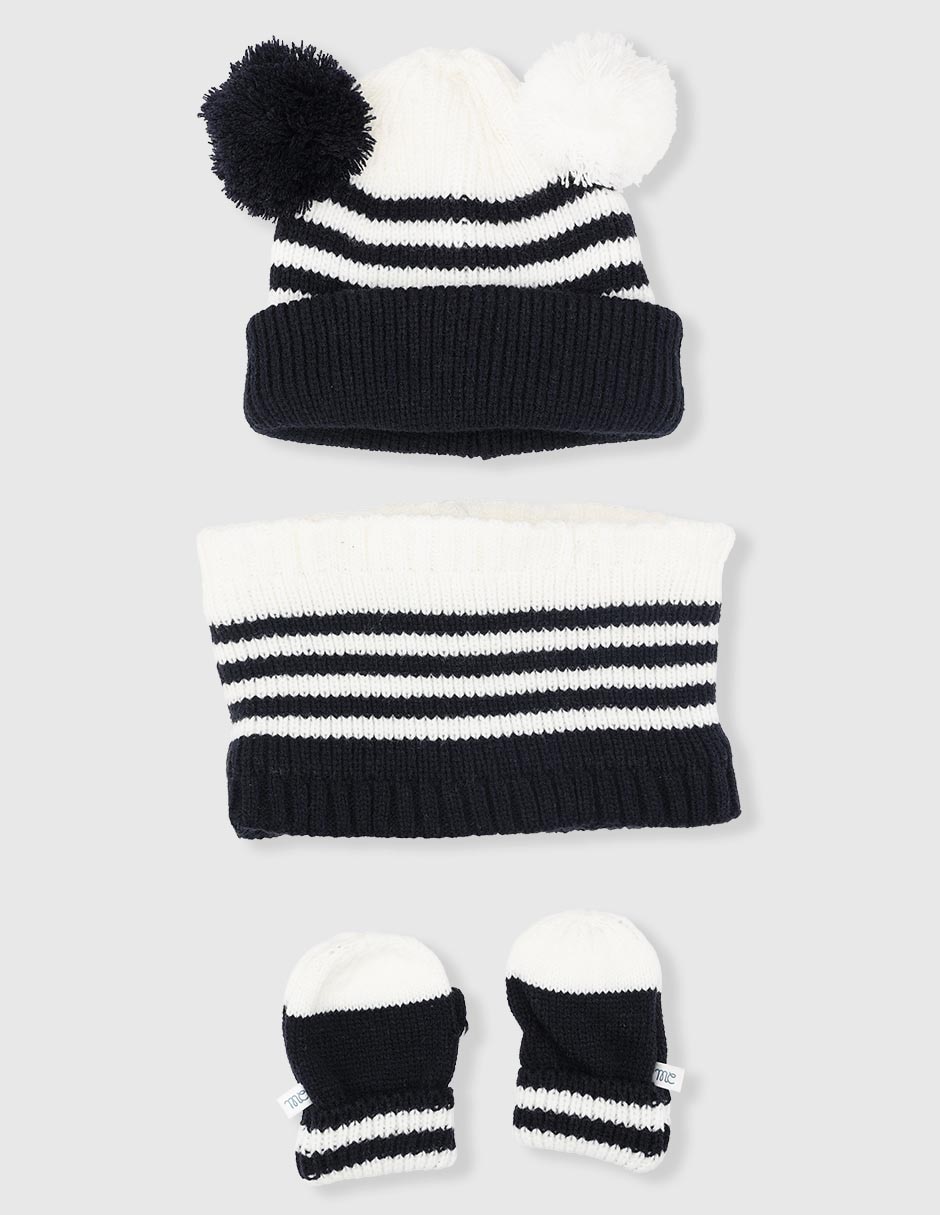 Set gorro, guantes y bufanda Mon Caramel estampado a rayas con borla de bebé niño