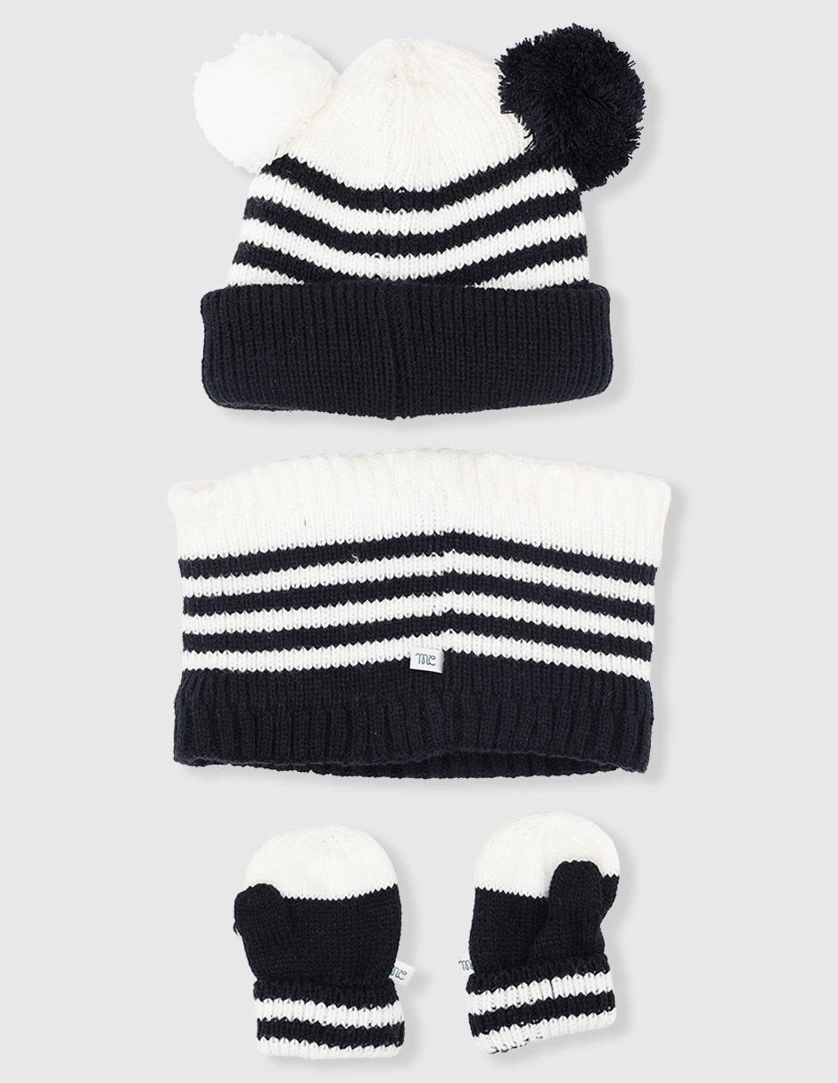 Set gorro, guantes y bufanda Mon Caramel estampado a rayas con borla de bebé niño