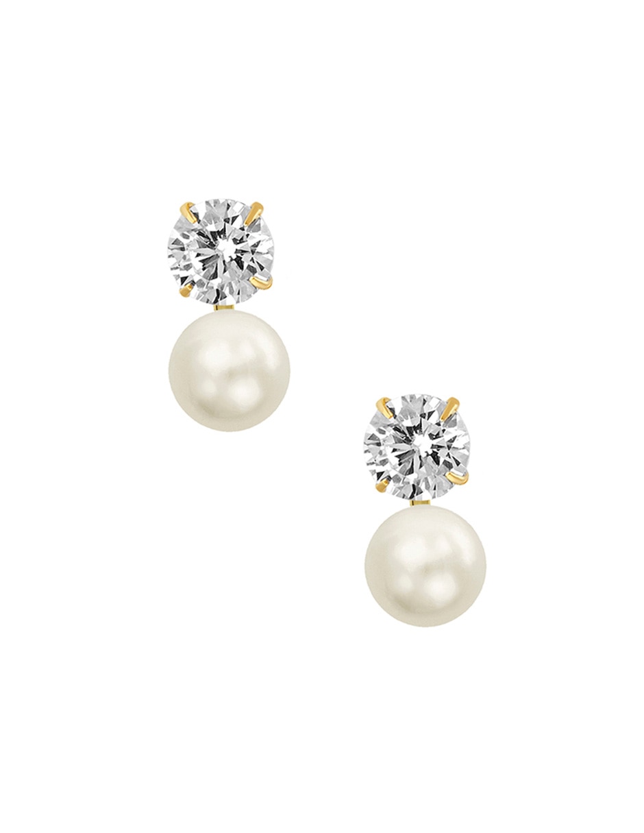 Broqueles de oro amarillo 14 K con acabado pulido perla con zirconia Broqueles de oro amarillo 14 K con acabado pulido perla con zirconia