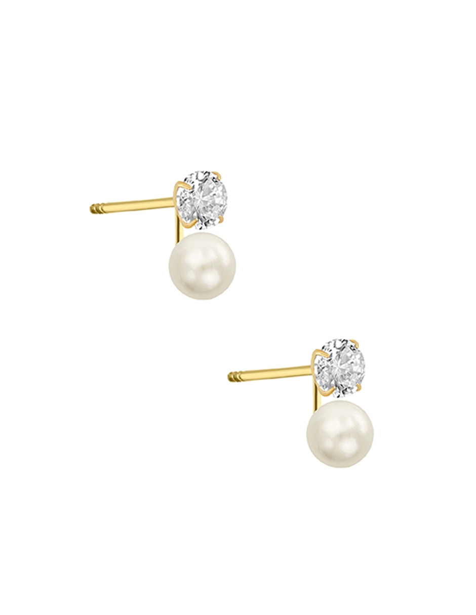 Broqueles de oro amarillo 14 K con acabado pulido perla con zirconia 2