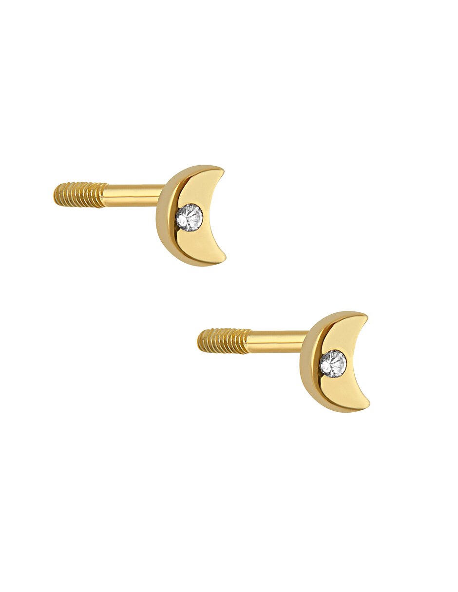 Broqueles de luna de oro amarillo 14 K con acabado brillante diamante 2