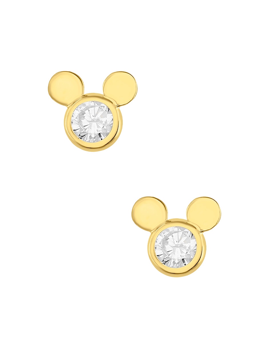 Broqueles redondos Mickey de oro amarillo 14 K con acabado pulido zirconia