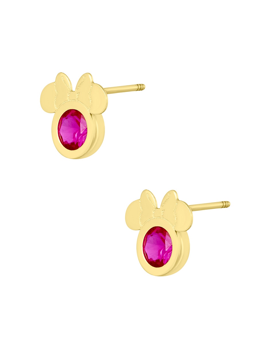 Broqueles redondos Minnie Disney de oro amarillo 14 K con acabado pulido zirconia