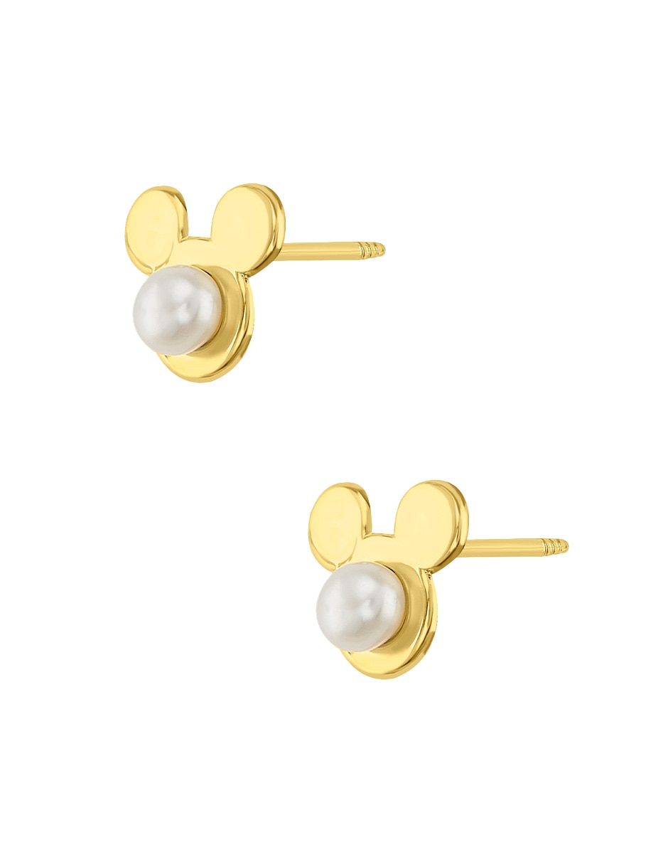 Broqueles redondos Mickey Disney de oro amarillo 14 K con acabado pulido zirconia